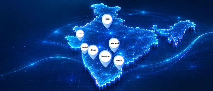 India map showing GCC city bubble sizes — Bengaluru, Hyderabad, Pune, Chennai, NCR, Mumbai, Ahmedabad